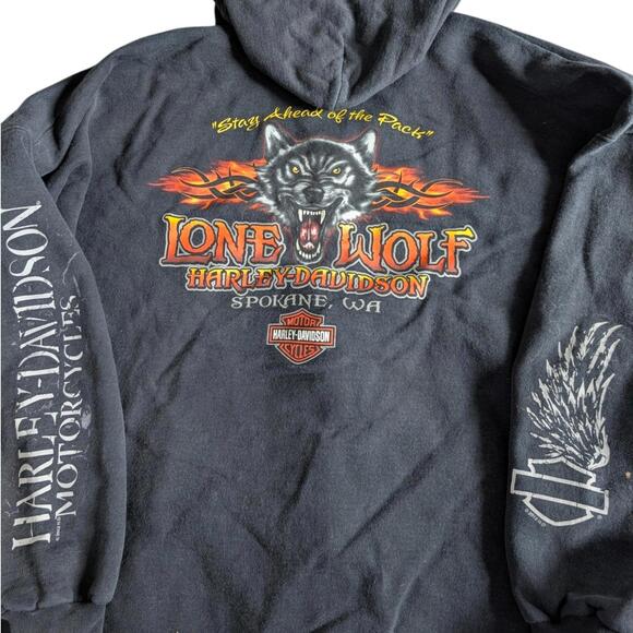 Harley-Davidson Hoodie Mens 3XL Black Full Zip Lone Wolf Spokane WA Graphic‎